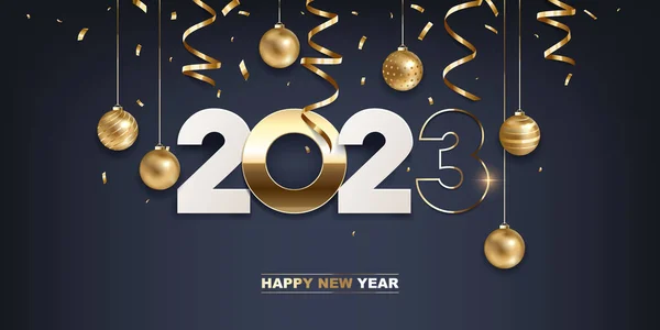 新年快乐2023年 白色的纸和金色的数字 圣诞装饰和深蓝色背景的意大利面 假日贺卡设计 — 图库矢量图片