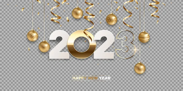 Feliz Ano Novo 2023 Livro Branco Números Dourados Com Decoração — Vetor de Stock