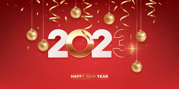 Feliz Año Nuevo 2023 Papel Blanco Números Dorados Con Decoración — Vector de stock