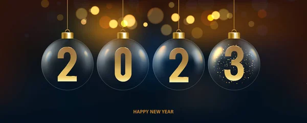 Feliz Año Nuevo 2023 Fondo Colgando Bolas Navidad Transparentes Con — Vector de stock