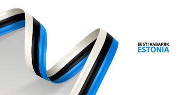 Estonya kurdele bayrağı. Estonya bayrağının renginde eğilmiş kurdele sallıyor. Ulusal bayrak arkaplanı.