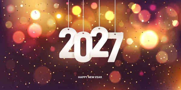 新年快乐 2027年 在色彩斑斓的模糊背景上挂上带有彩色纸的白色纸号 — 图库矢量图片