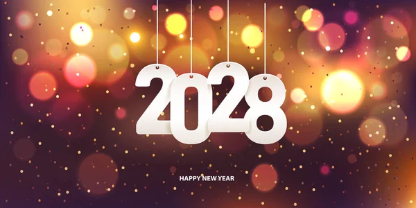 Frohes Neues Jahr 2028 Hängende Weiße Papierzahl Mit Konfetti Auf — Stockvektor