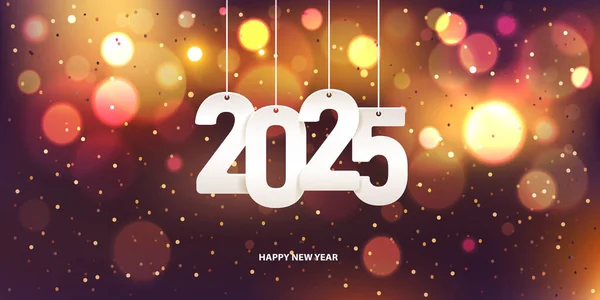 Mutlu yıllar 2025. Renkli, bulanık bir arkaplanda konfeti ile beyaz kağıt numarası asmak.