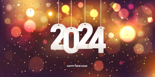 新年快乐 2024年 在色彩斑斓的模糊背景上挂上带有彩色纸的白色纸号 — 图库矢量图片