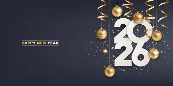 Bonne Année 2026 Numéros Papier Blanc Avec Décoration Noël Dorée — Image vectorielle
