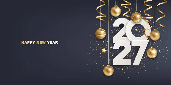 2027年の新年 濃い青の背景に金色のクリスマスの装飾とコンフェッティとホワイトペーパー番号 ホリデーグリーティングカードデザイン — ストックベクタ