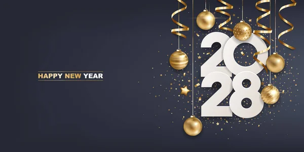 Šťastný Nový Rok2028 Bílá Papírová Čísla Zlatou Vánoční Výzdobou Konfety — Stockový vektor