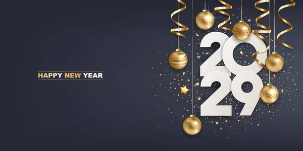 Šťastný Nový Rok2029 Bílá Papírová Čísla Zlatou Vánoční Výzdobou Konfety — Stockový vektor