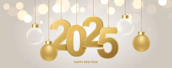 新的一年2025年背景 金色的数字和圣诞装饰与闪亮的灯光为背景 假日贺卡 — 图库矢量图片