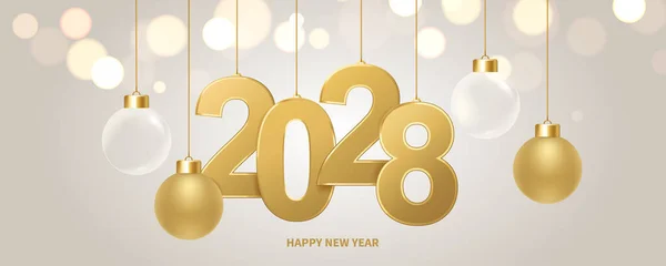 新年快乐2028年背景 金色的数字和圣诞装饰与闪亮的灯光为背景 假日贺卡 — 图库矢量图片
