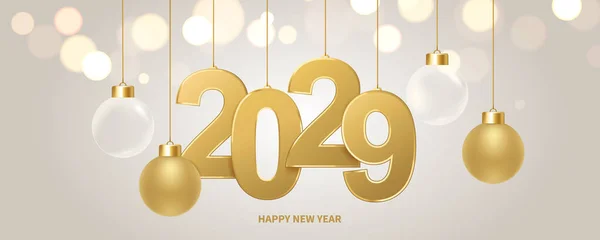 新年快乐2029年背景 金色的数字和圣诞装饰与闪亮的灯光为背景 假日贺卡 — 图库矢量图片