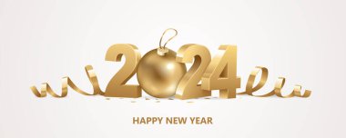 Mutlu yıllar 2024. Kurdeleli üç boyutlu altın rakamlar, beyaz arka planda Noel topu ve konfeti..
