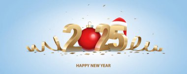 Mutlu yıllar 2025. Noel Baba şapkalı altın 3D numaralar, kırmızı Noel topu ve açık mavi arka planda konfeti..