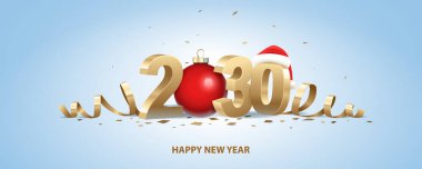 Mutlu yıllar 2030. Noel Baba şapkalı altın 3D numaralar, kırmızı Noel topu ve açık mavi arka planda konfeti..