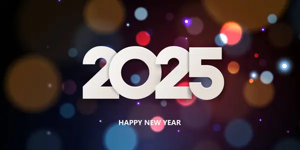 祝2025年新年快乐 节日贺卡的设计 色彩斑斓的背景上的白色纸号 — 图库矢量图片