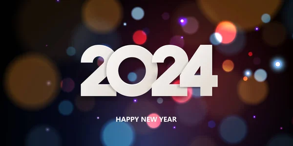 新年快乐2024 节日贺卡的设计 色彩斑斓的背景上的白色纸号 — 图库矢量图片