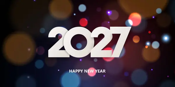 新年快乐2027年 节日贺卡的设计 色彩斑斓的背景上的白色纸号 — 图库矢量图片