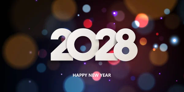 新年快乐2028 节日贺卡的设计 色彩斑斓的背景上的白色纸号 — 图库矢量图片