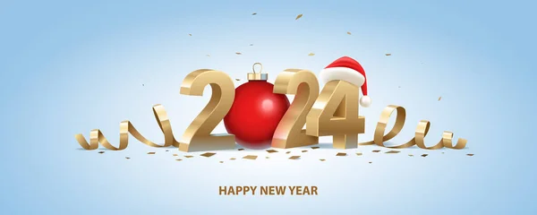 Šťastný Nový Rok2024 Zlatá Čísla Santovým Kloboukem Červeným Vánočním Míčkem — Stockový vektor