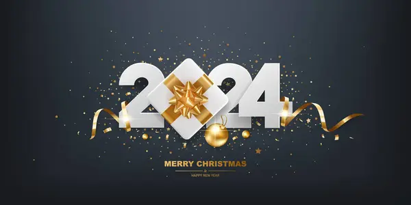 Mutlu yıllar 2024. Beyaz kağıt numaralar, altın kurdeleler, hediye kutusu ve siyah arka planda konfeti..