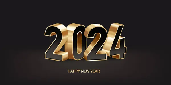 Happy new year 2024. Holiday greeting card design. Celebration background. 3D Shiny gold and black numbers, isolated on dark background.