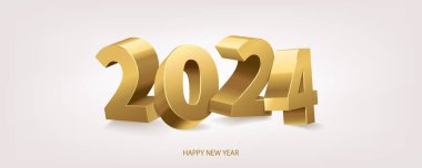 Mutlu yıllar 2024. Beyaz arka planda izole edilmiş altın renkli üç boyutlu numaralar. Vektör illüstrasyonu.