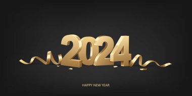 Mutlu yıllar 2024. Siyah zemin üzerinde kurdele ve konfeti olan üç boyutlu altın sayılar..