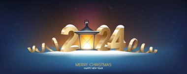 Mutlu yıllar 2024. Karla kaplı retro fenerli üç boyutlu altın numaralar. Tatil tebrik kartı tasarımı.