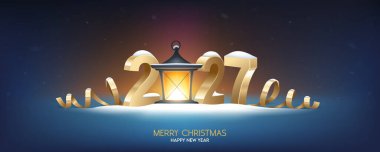 Mutlu yıllar 2027. Karla kaplı retro fenerli üç boyutlu altın numaralar. Tatil tebrik kartı tasarımı.