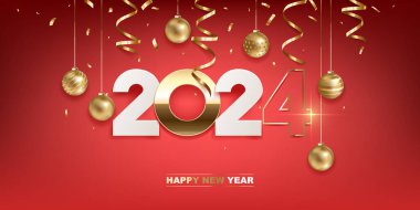 Mutlu yıllar 2024. Beyaz kağıt ve kırmızı arka planda Noel süslemeleri ve konfetileri olan altın rakamlar. Tatil tebrik kartı tasarımı.