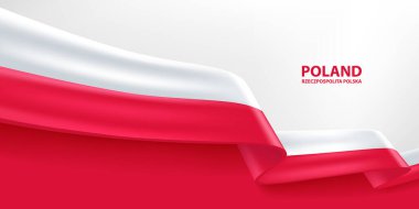 Polonya 3D kurdele bayrağı. Polonya bayrağının renginde 3D bayrak sallıyordu. Ulusal bayrak arkaplan tasarımı.