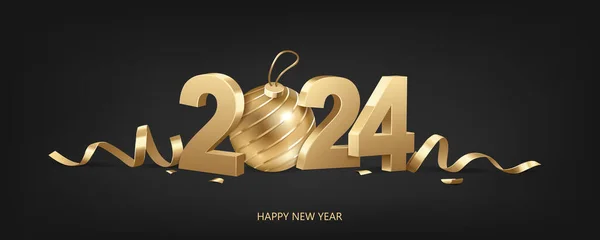 新年快乐2024 带有彩带的金色3D数字 圣诞球和黑色背景的彩礼 矢量图形
