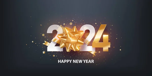 新年快乐 2024年 金色的自粘性礼物弓 白色纸号和彩色纸 黑色背景 假日贺卡 免版税图库插图