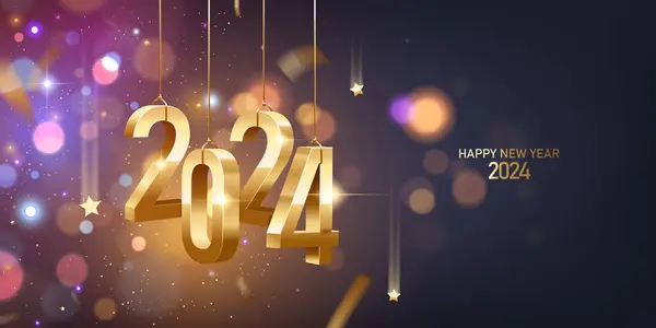 新年快乐2024 将金色的数字与金色的圆饼挂在分散焦点的五彩斑斓的背景上 免版税图库插图