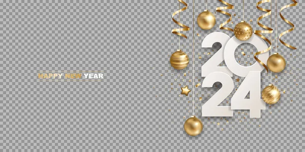 新年快乐 2024年 白色纸数字与黄金圣诞装饰和意大利面 隔离在透明的背景 假日贺卡设计 矢量图形