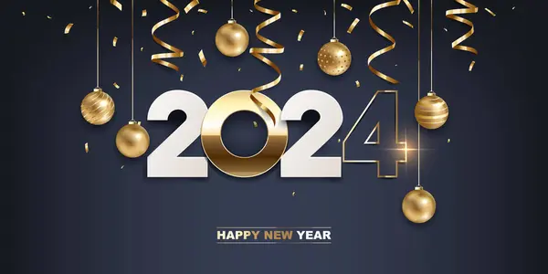 新年快乐 2024年 白色的纸和金色的数字与圣诞装饰和五彩纸屑的深蓝色背景 假日贺卡设计 图库插图