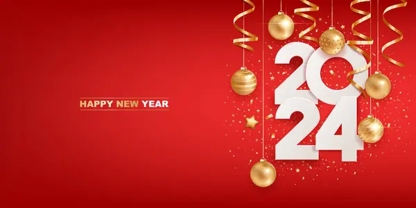新年快乐 2024年 白色的纸号码 带有金色的圣诞装饰和红色背景的意大利面 假日贺卡设计 免版税图库矢量图片