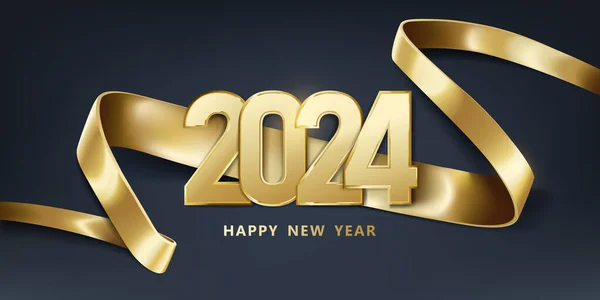 新年快乐 2024年 金色的数字带 孤立在黑色的背景 假日贺卡设计 图库插图