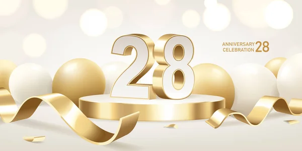 28周年庆祝的背景 圆形讲台上的金色3D数字 背景上有金色缎带和有爆竹灯的气球 免版税图库矢量图片