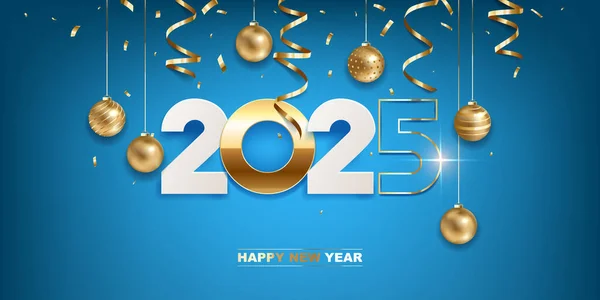 新的一年2025 白色的纸 金色的数字 圣诞装饰 蓝色背景的意大利面 假日贺卡设计 图库矢量图片