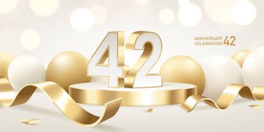 42nd Anniversary celebration background. Golden 3D numbers on round podium with golden ribbons and balloons with bokeh lights in background. clipart