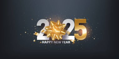 Mutlu yıllar 2025. Koyu arka planda beyaz kağıt numaralar ve konfetilerle altın sarısı yapıştırıcı hediye yayı. Tatil tebrik kartı.. 