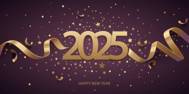 Mutlu yıllar 2025. Koyu mor arkaplanda kurdeleli ve konfetili altın sayılar.