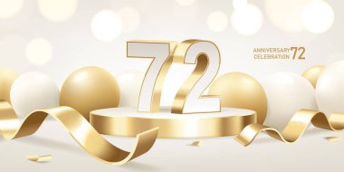 72. yıl dönümü kutlamaları. Yuvarlak podyumda altın üç boyutlu numaralar altın kurdeleler ve arka planda bokeh ışıkları olan balonlar..
