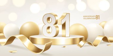 81. yıl dönümü kutlamaları. Yuvarlak podyumda altın üç boyutlu numaralar altın kurdeleler ve arka planda bokeh ışıkları olan balonlar..