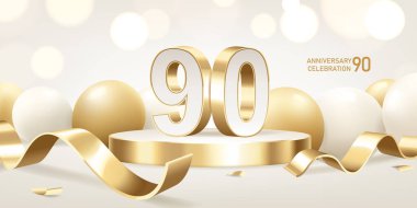 90. yıl dönümü kutlamaları. Yuvarlak podyumda altın üç boyutlu numaralar altın kurdeleler ve arka planda bokeh ışıkları olan balonlar..