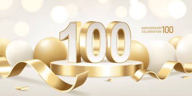 100. yıl dönümü kutlamaları. Yuvarlak podyumda altın üç boyutlu numaralar altın kurdeleler ve arka planda bokeh ışıkları olan balonlar..
