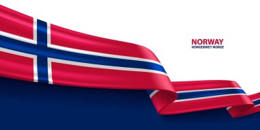 Norveç 3D kurdele bayrağı. Norveç bayrağının renginde 3D bayrak sallıyordu. Ulusal bayrak arkaplan tasarımı.