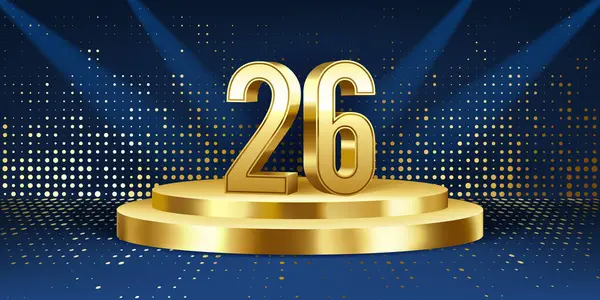 26周年庆祝的背景 金色的3D数字在一个金色的圆形讲台上 背景灯光 — 图库矢量图片